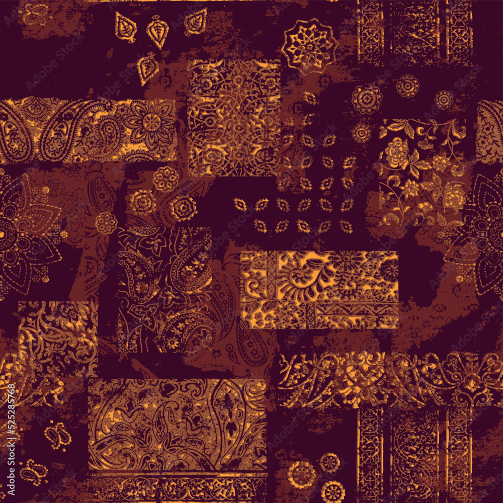 Grunge floral paisley eastern elements patchwork abstract vector seamless pattern