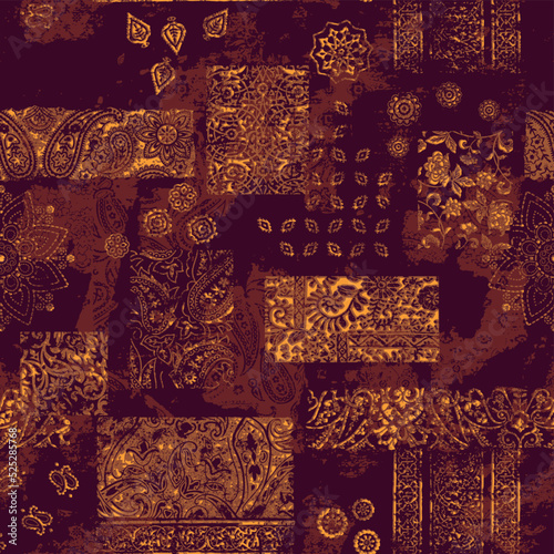 Grunge floral paisley eastern elements patchwork abstract vector seamless pattern