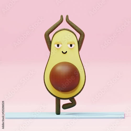 Cute avocados in yoga pose. Funny 3d render fruit cartoon character isolated on pink background. Healthy food and fitness. Rendering.