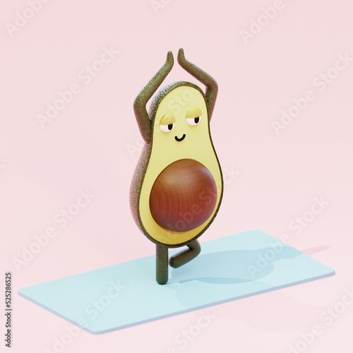 Cute avocados in yoga pose. Funny 3d render fruit cartoon character isolated on pink background. Healthy food and fitness. Rendering.
