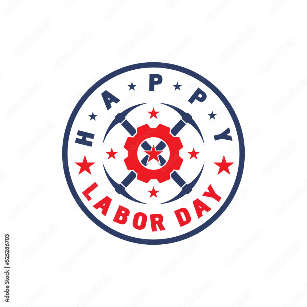 Vector happy labor day design logo with traditional mining tools and gear concept.