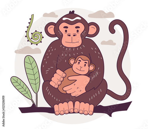 Wild monkey with a baby. Human evolution theory. Humanity ancestors