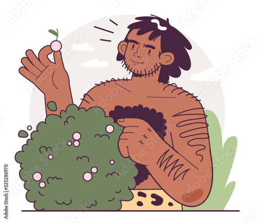 Cavemen, primitive people gathering fruits and vegetables. Human evolution