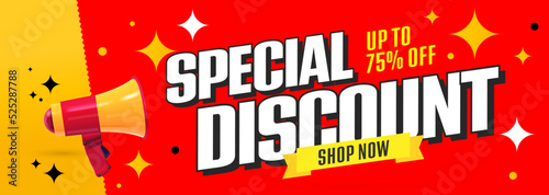 Special discount sale offer advertising banner. Shop now announcement deal with up to seventy five percent off price discount poster template. Business advertisement design vector illustration