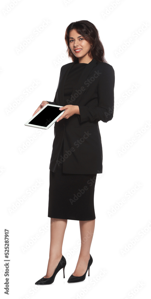 Full length portrait of hostess in uniform with tablet on white background Full length portrait of hostess in uniform with tablet on white background