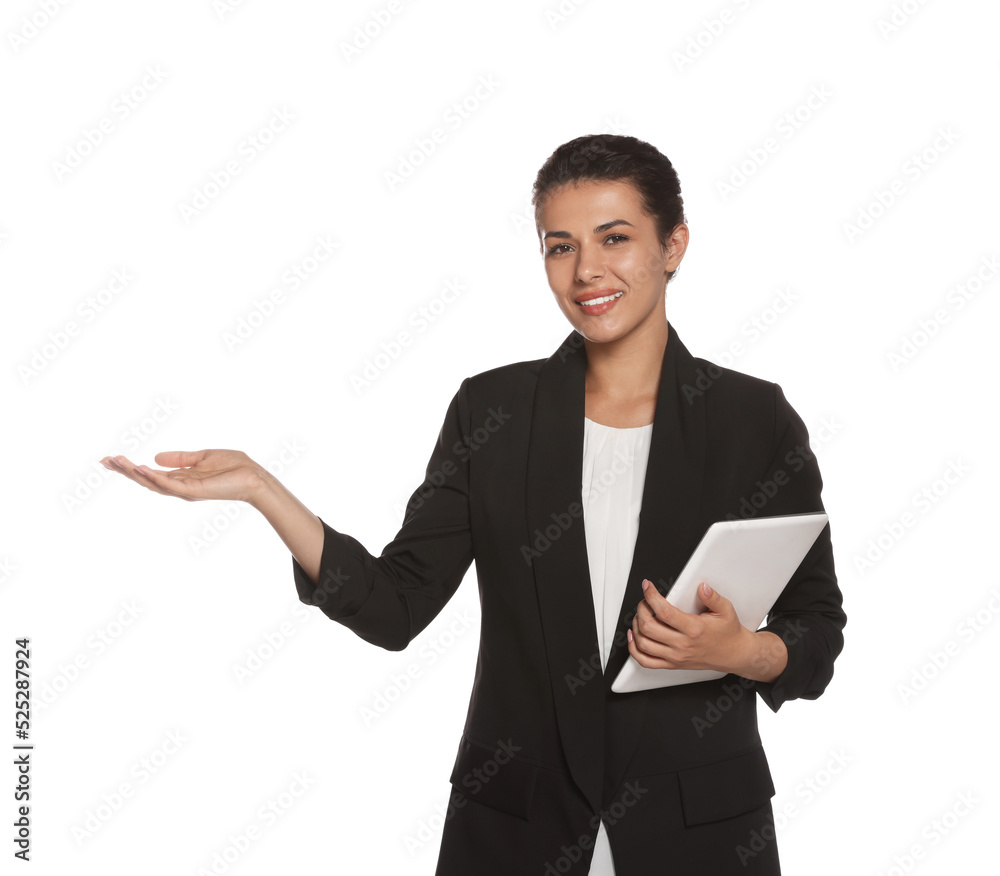 Hostess in uniform with tablet on white background Hostess in uniform with tablet on white background
