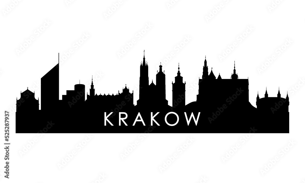 Krakow skyline silhouette. Black Krakow city design isolated on white background. - obrazy, fototapety, plakaty 
