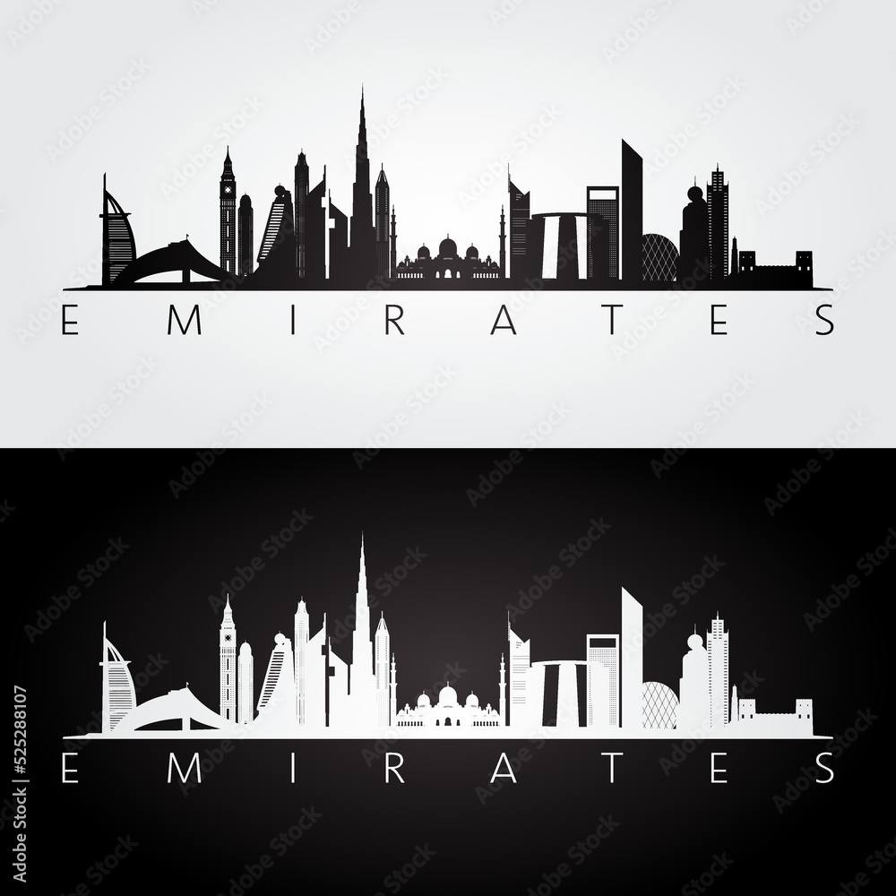 United Arab Emirates skyline and landmarks silhouette, black and white design, vector illustration.