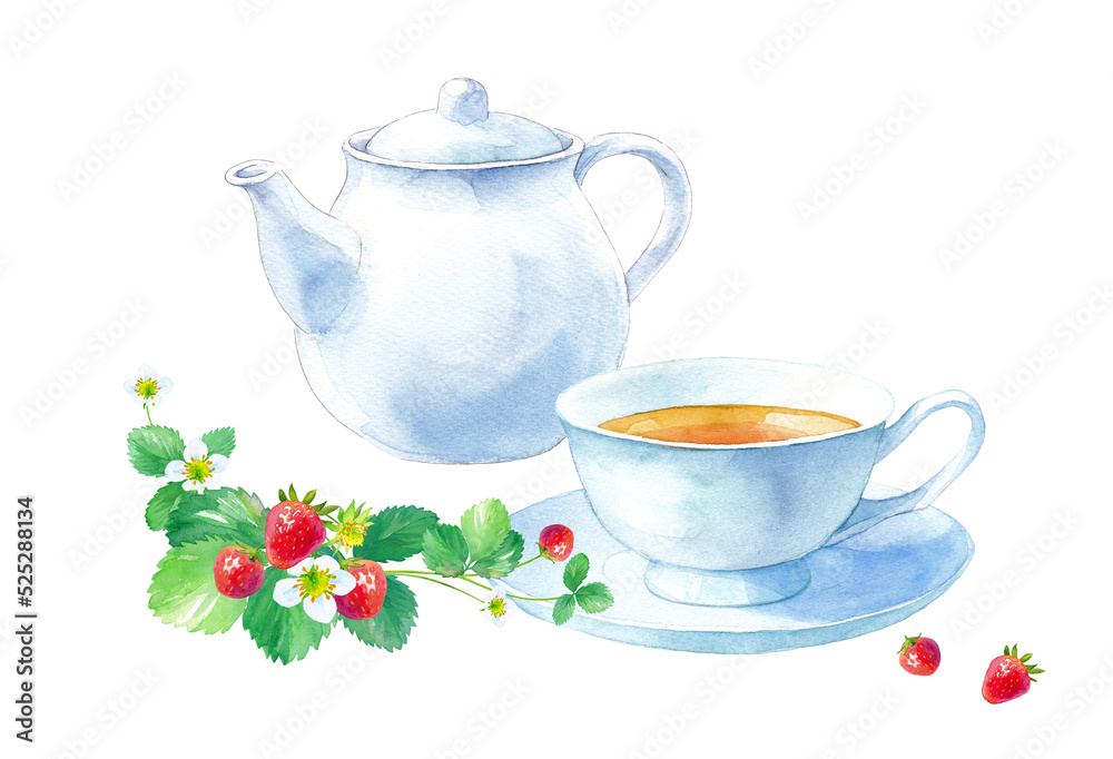 白い茶器。ワイルドストロベリーティーのティーセットの水彩イラスト。ティーポットとカップアンドソーサー。（透過背景） Иллюстрация ...