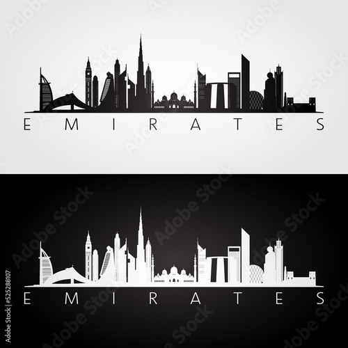 United Arab Emirates skyline and landmarks silhouette, black and white design, vector illustration.