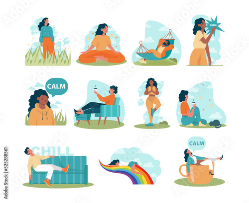 Happy and calm character set. Idea of heart and mind harmony
