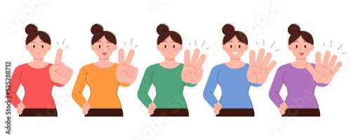 A woman making a gesture expressing the numbers 1,2,3,4,5 with her fingers. Counting concept figures vector illustration.