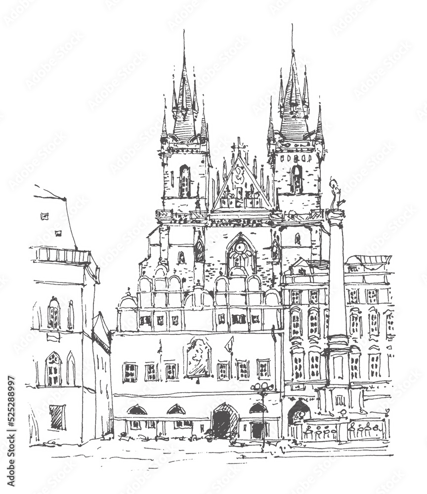 Architecture sketch illustration. Old town street in Prague, Czech Republic, Europe. Drawing urban landscape black and white. Travel sketch. Hand drawn travel postcard. Liner sketches of Prague.