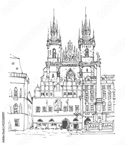 Architecture sketch illustration. Old town street in Prague  Czech Republic  Europe. Drawing urban landscape black and white. Travel sketch. Hand drawn travel postcard. Liner sketches of Prague.