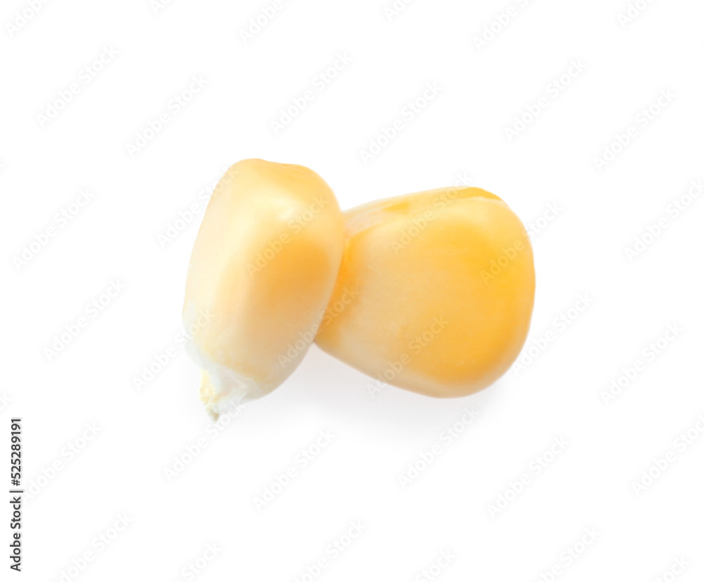 Tasty fresh corn kernels on white background, top view Tasty fresh corn kernels on white background, top view