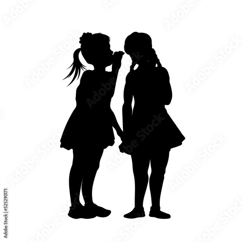 Gossip girls silhouette. Kid tell secret for friend. Children conversation. Childhood scene