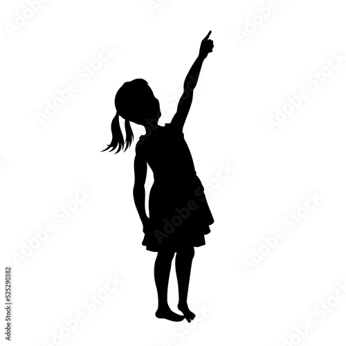 Girl in dress show up. Black silhouette of hand up kid. Isolated child looking at sky. Childhood scene