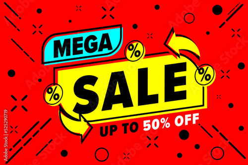 Mega sale advertising up to 50 percent special discount offer. Promo banner for retail marketing campaign in social network vector illustration