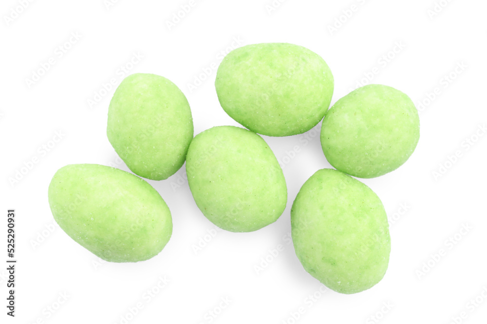 Pile of wasabi coated peanuts on white background, top view Pile of wasabi coated peanuts on white background, top view