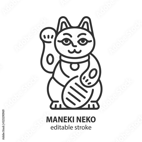 Maneki neko cat with coin line icon. Japanese symbol wishing good luck with raised paw. Vector sign of wealth, happiness, fortune. Editable stroke.