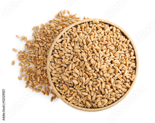 Wooden bowl with wheat grains on white background, top view