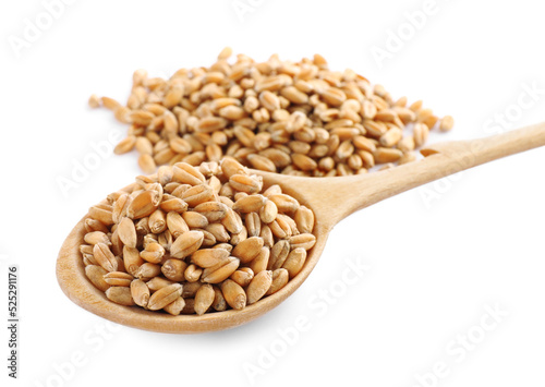 Wooden spoon with wheat grains on white background