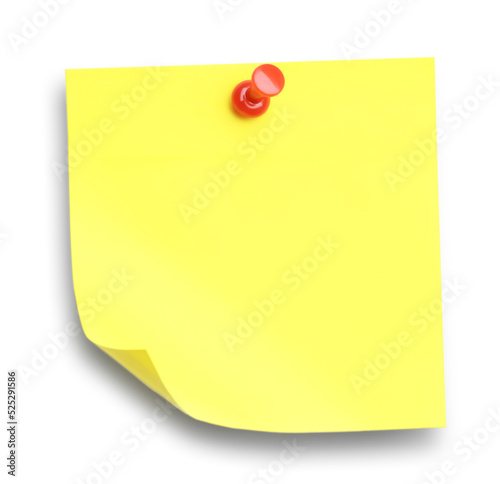 Blank yellow note pinned on white background, top view