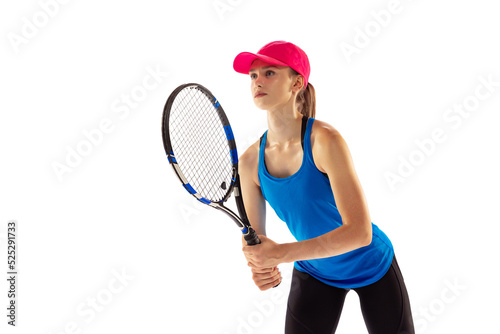 Receiving a serve in tennis. Professional tennis player training isolated on white background. Skills, studying, sport, challenges concept. © master1305