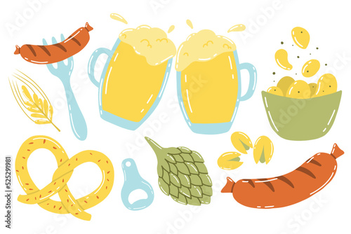 Vector set of beer and beer snacks. Collection for Oktoberfest. Beer set. pistachios, sausage, hops, wheat, chips, pretzel.