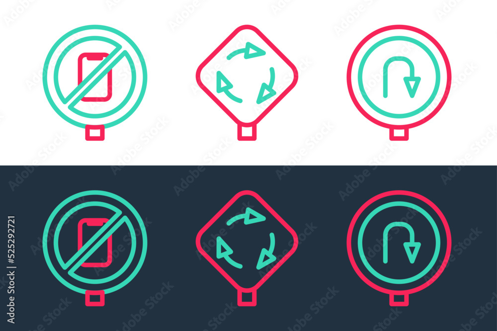 Set line Turn back road sign, No cell phone and Roundabout traffic icon. Vector Set line Turn back road sign, No cell phone and Roundabout traffic icon. Vector