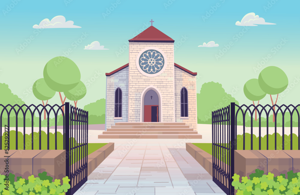 Catholic church building with open gate. Facade of cathedral. religious architecture exterior in cartoon style. Vector illustration