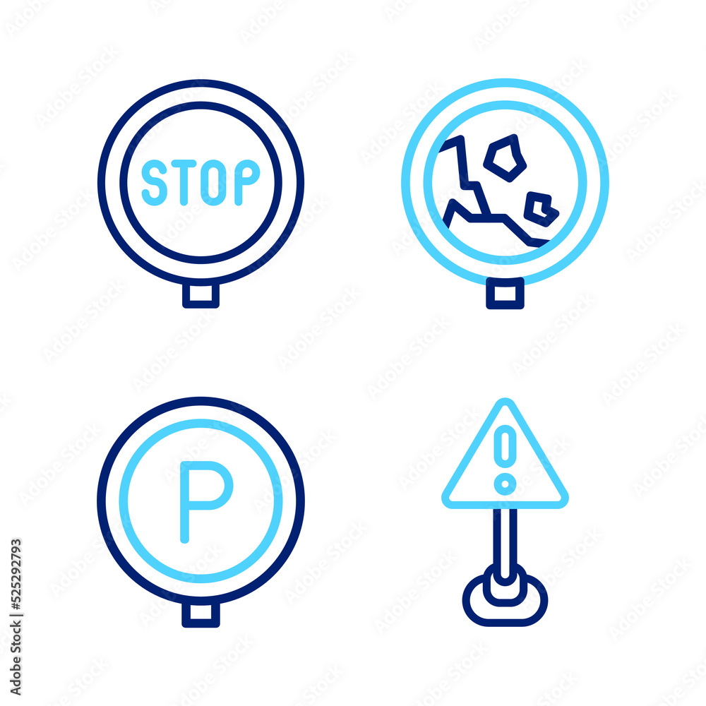 Set line Exclamation mark in triangle, Parking, Road warning rockfall and Stop sign icon. Vector Set line Exclamation mark in triangle, Parking, Road warning rockfall and Stop sign icon. Vector