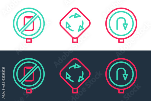 Set line Turn back road sign, No cell phone and Roundabout traffic icon. Vector