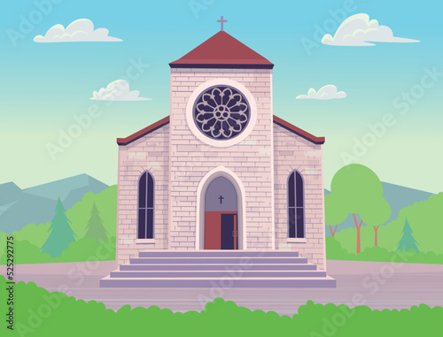 Catholic church building. Facade of cathedral. religious architecture exterior in cartoon style. Vector illustration