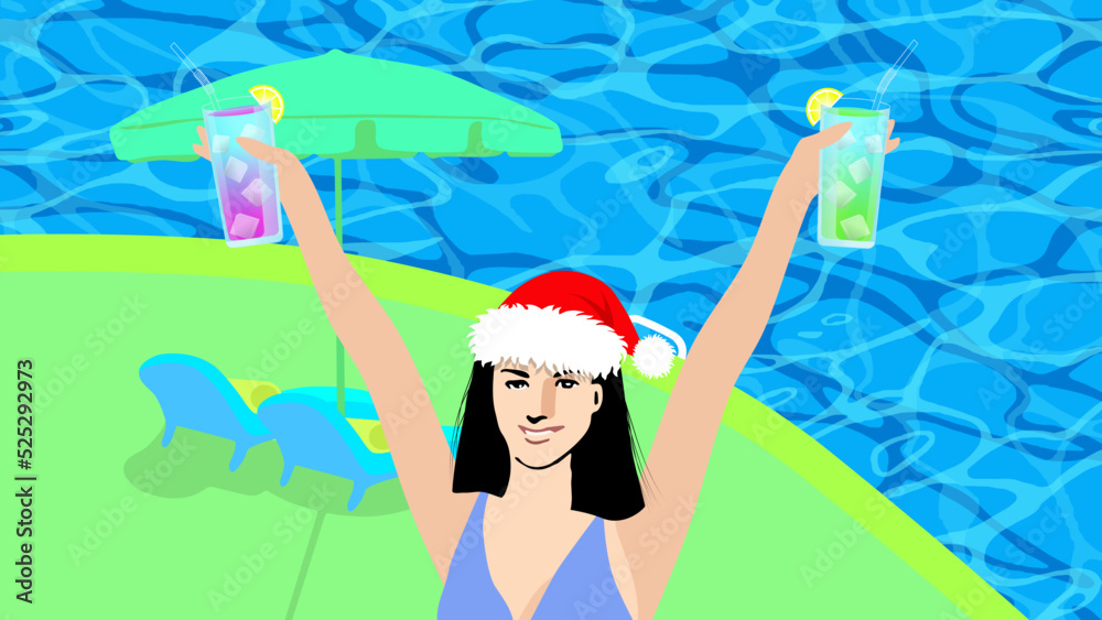 A beautiful Asian woman wears a red Xmas hat, holding two summer drinks in a bikini and smiling happily in a swimming pool with two blue chairs and a green umbrella, vector illustration	