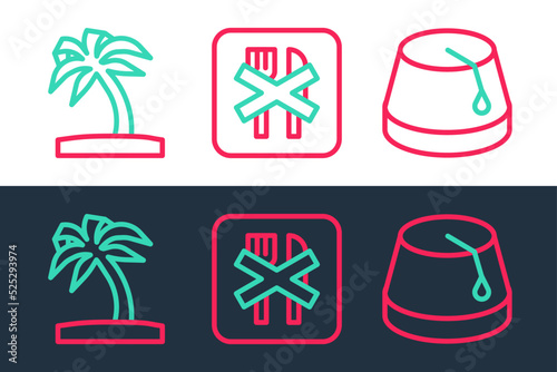 Set line Turkish hat, Tropical palm tree and Ramadan fasting icon. Vector