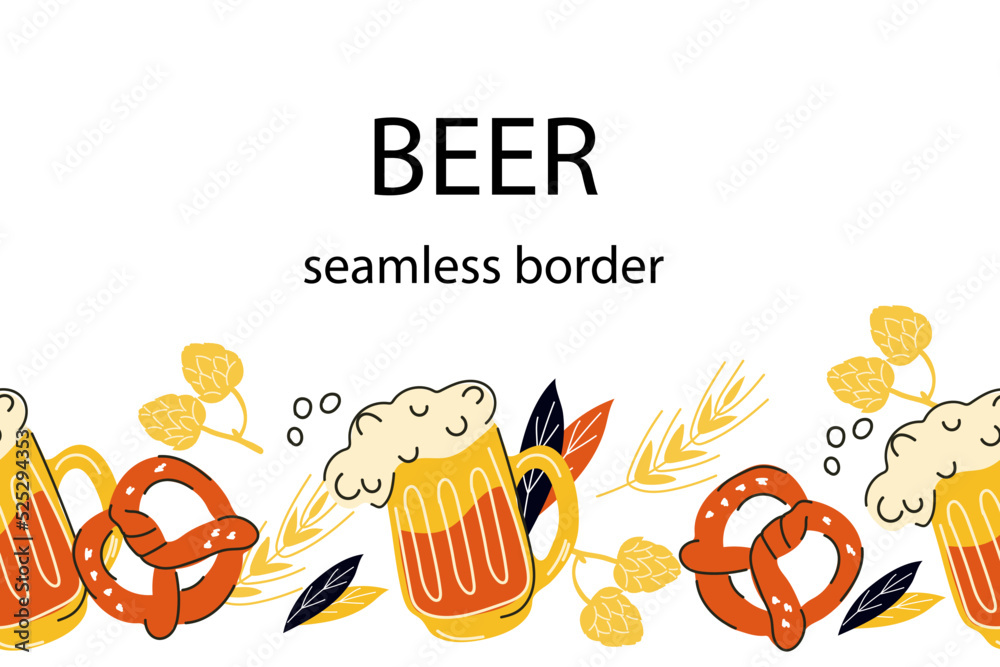 Beer and hop seamless border in doodle style, cartoon hand drawn vector illustration isolated on white background. Design for beer labels and festivals. - obrazy, fototapety, plakaty 