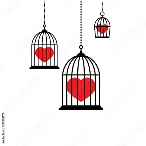 Locked bird cage with red heart icon. Trap, imprisonment, jail concept.