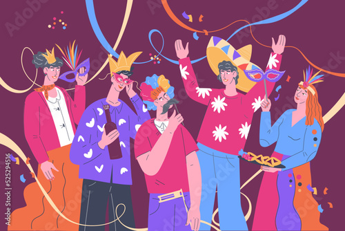 People taking part in festival, carnival or party event, flat vector illustration.