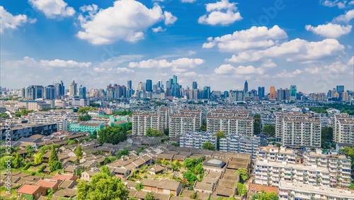 Aerial photography of Laomen East Scenic Spot and Nanjing City Center Buildings in the distance, Nanjing City, Jiangsu Province, China