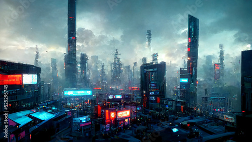 Cyber punk, Futuristic city scene, Technology Cityscape, Illustration