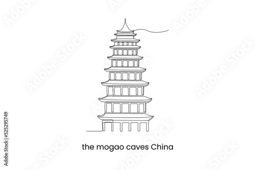 Continuous one line drawing the mogao caves, China. Landmarks concept. Single line draw design vector graphic illustration.