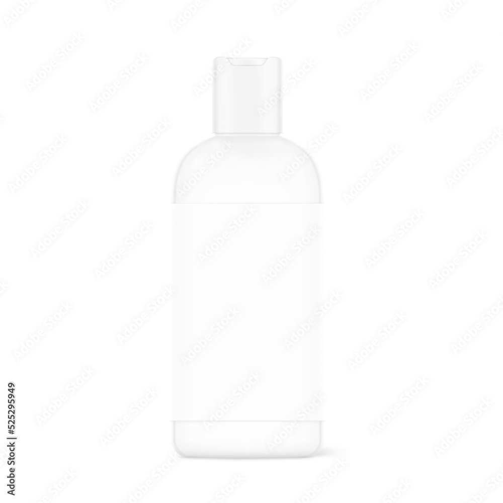High realistic bottle mockup with disc flat top cap. Vector illustration isolated on white background. Perfect for promoting your design. EPS10. High realistic bottle mockup with disc flat top cap. Vector illustration isolated on white background. Perfect for promoting your design. EPS10.