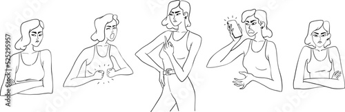 Set of grumpy young women. Doodle girls with different negative emotions. Vector sketches of unfriendly female characters. Isolated young people with a bad mood on a white background.