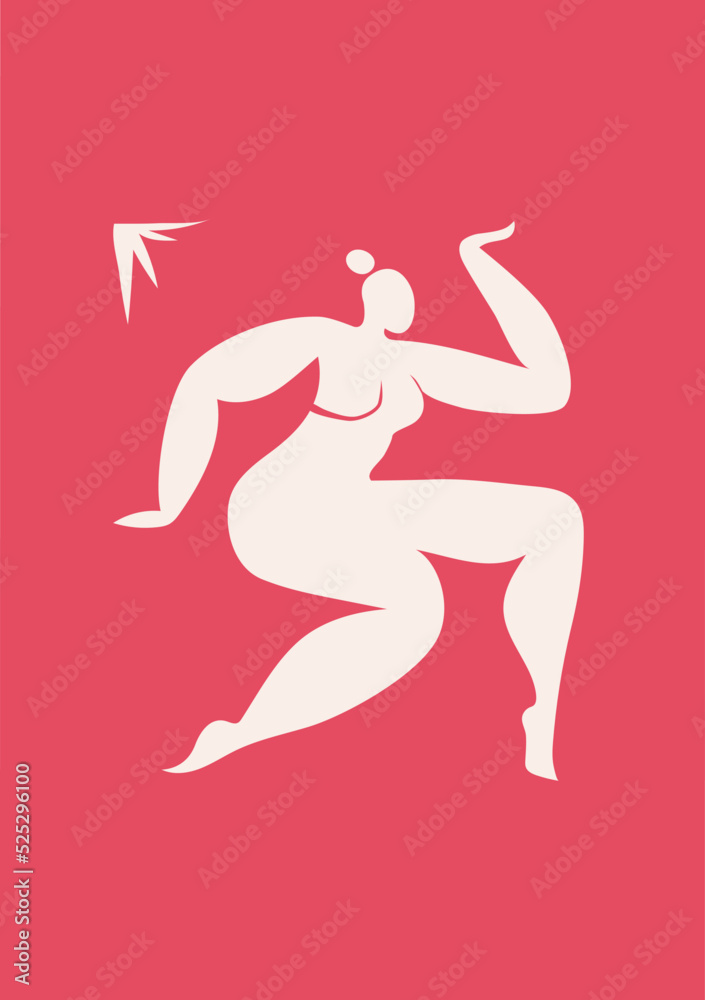 Poster inspired by Matisse. Cutout silhouette of a dancing woman. Collage in the style of Henri Matisse light on red vertical.