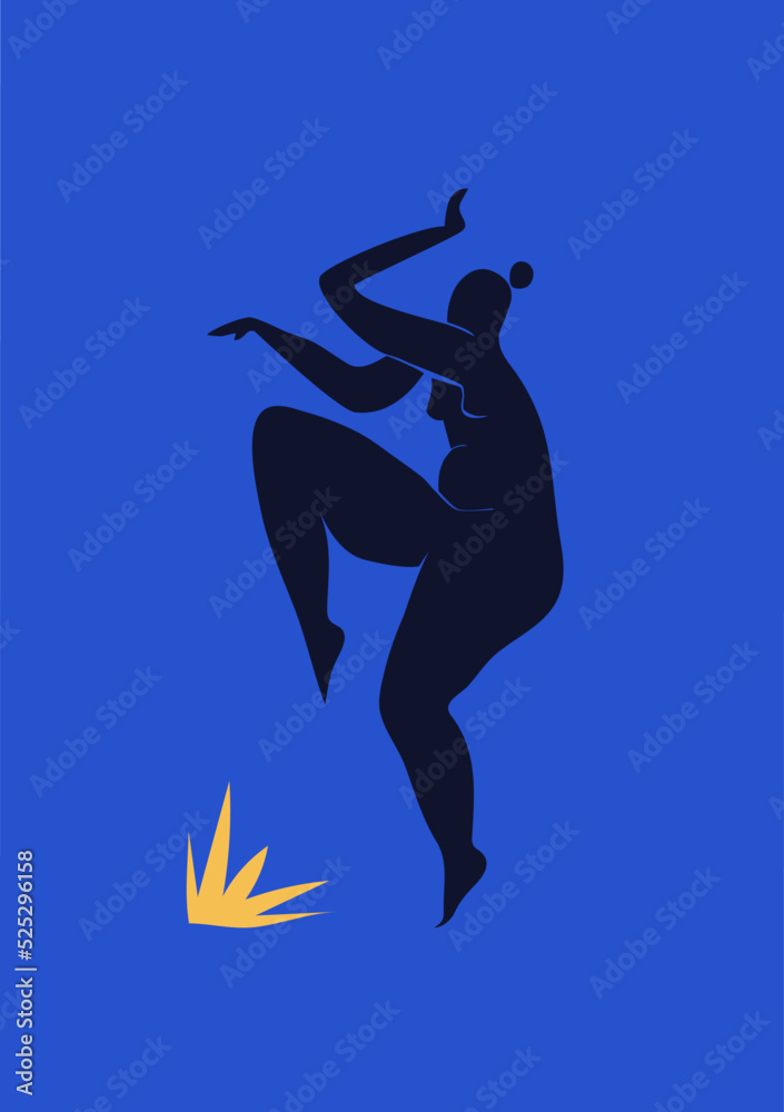 Poster inspired by Matisse. Cutout silhouette of a dancing woman. Collage in the style of Henri Matisse black on blue with a yellow star vertical.