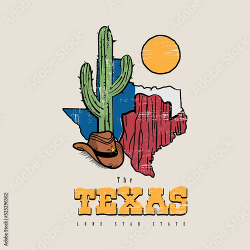 Texas Map with the Cowboy Hat and Cactus Graphic. Vintage Grunge Texture. Editable Vector File. 