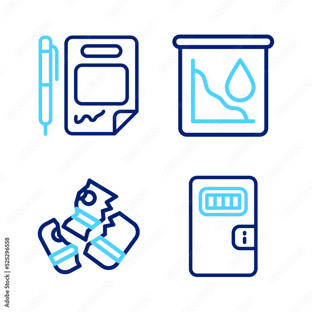 Set line Prison cell door, Credit card, Drop in crude oil price and Contract money and pen icon. Vector