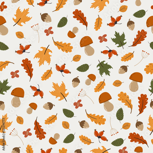 autumn cartoon seamless pattern. Yellow, red, brown leaves, rose hips, acorns. Pattern for packaging, wallpapers, textiles. Vector illustration, hand drawn