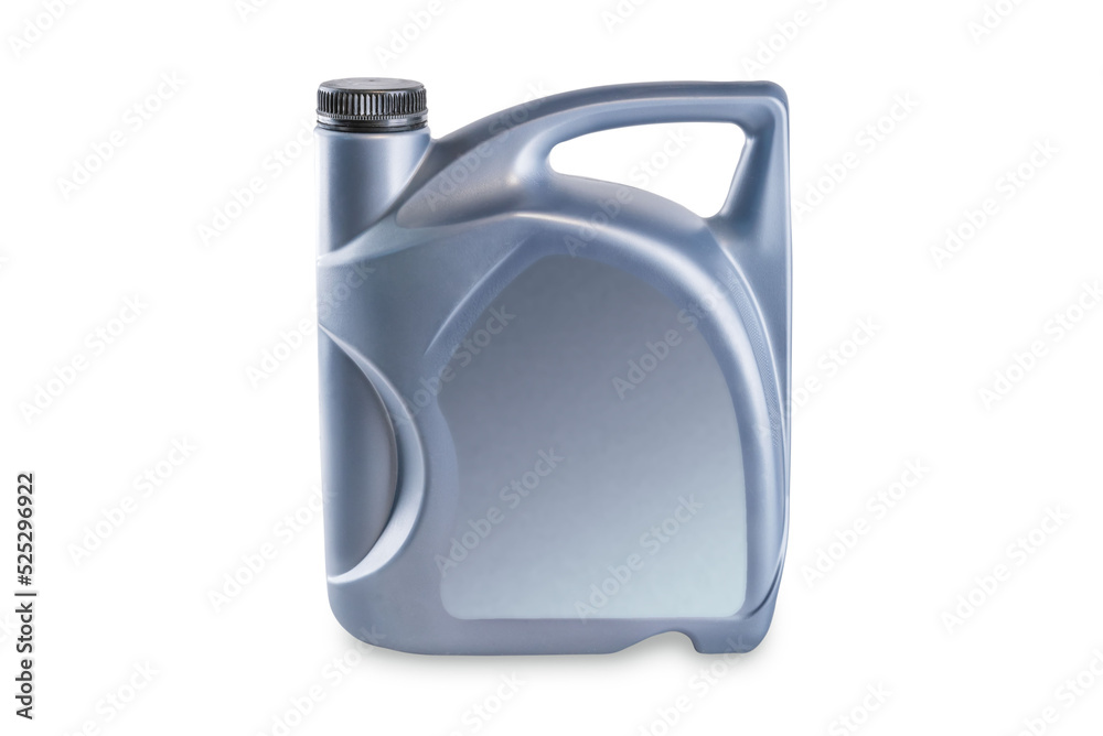 Silver engine oil canister mock up without label - plastic bottle container for car motor lubricant or fuel isolated on white background Silver engine oil canister mock up without label - plastic bottle container for car motor lubricant or fuel isolated on white background